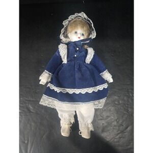 1990 Brinn's Collectible Porcelain White Plush Body Doll 11" Navy Dress